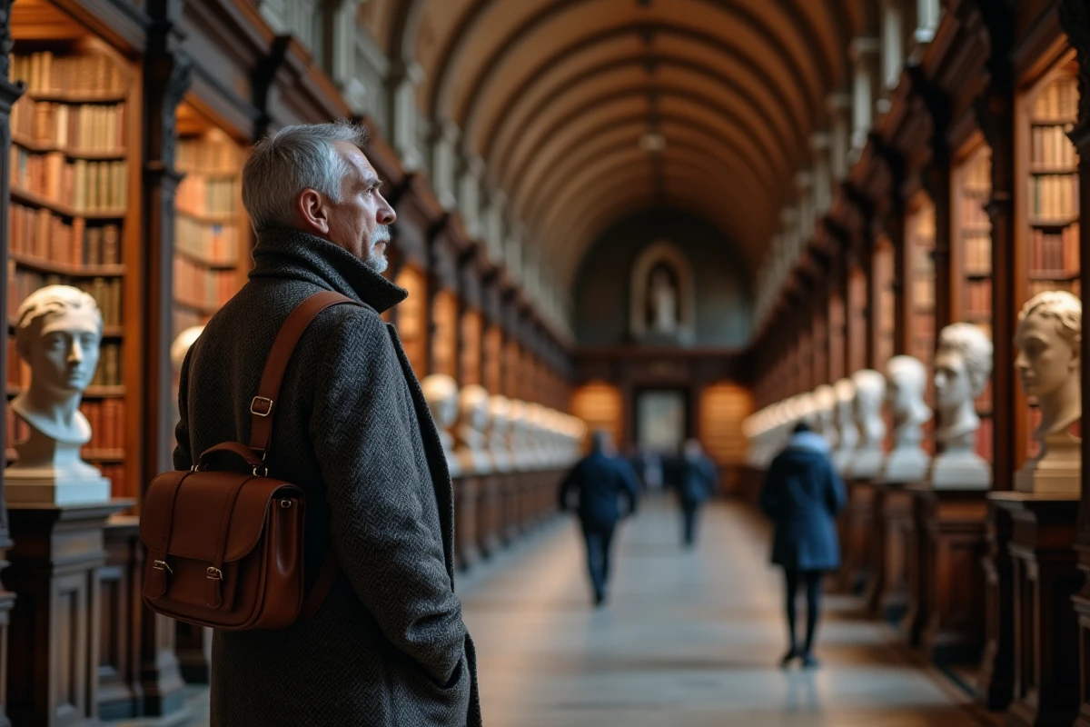 Homme contemplant la salle bibliothèque Long Room du Trinity College Dublin avec ses voûtes en chêne et rayonnages de livres anciens