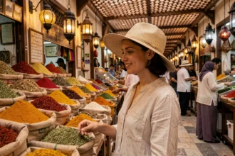 Femme visitant le souk aux épices de Deira à Dubaï en été, chapeau de soleil et blouse en lin, ambiance marchande traditionnelle