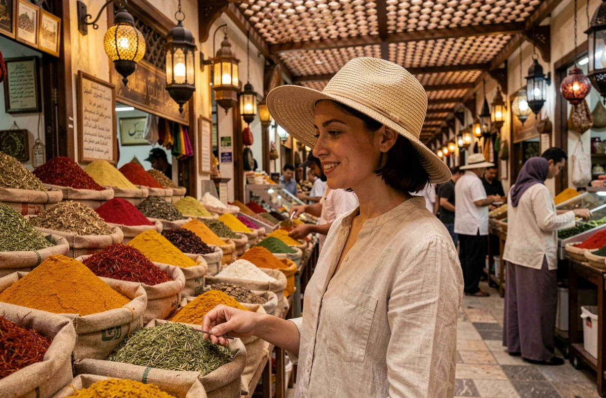 Femme visitant le souk aux épices de Deira à Dubaï en été, chapeau de soleil et blouse en lin, ambiance marchande traditionnelle