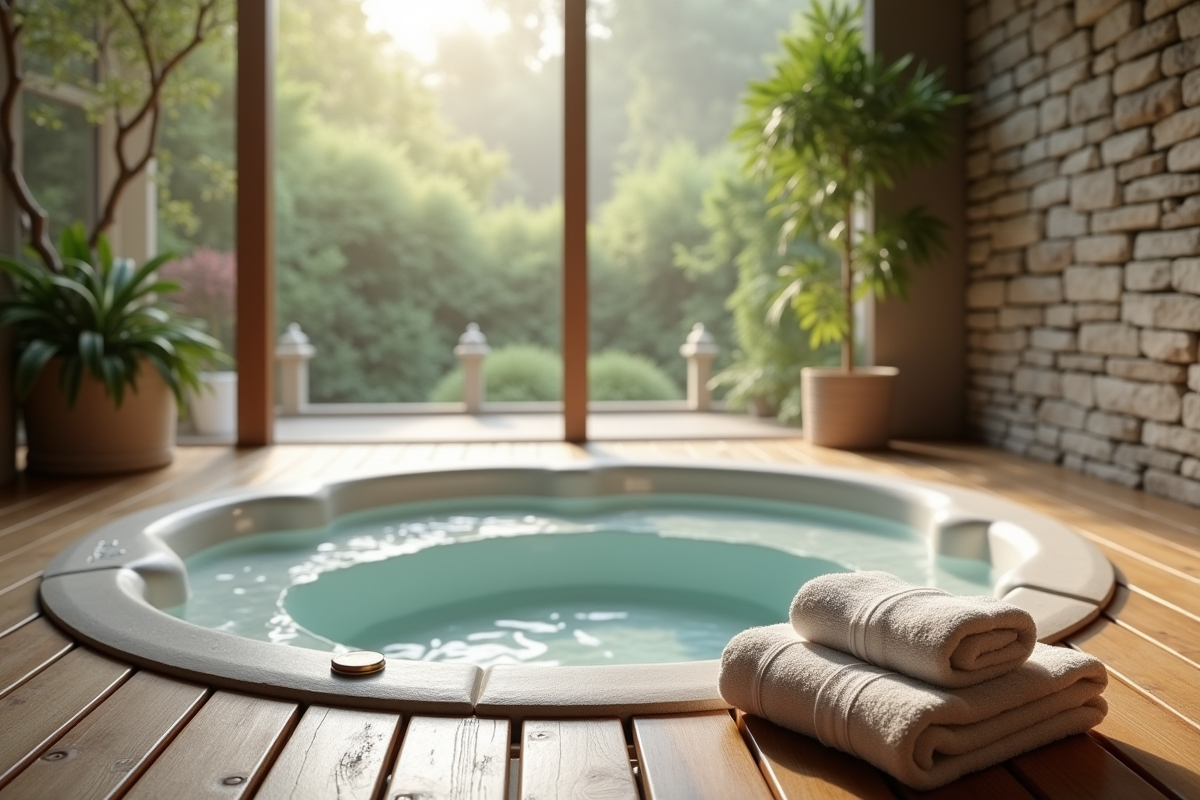 Spa intérieur avec serviettes pliées et vue sur jardin
