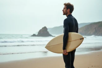 Surfeur en combinaison néoprène tenant une planche de surf sur la plage de Biarritz au moment des marées, vue en contre-plongée avec l'Atlantique en arrière-plan