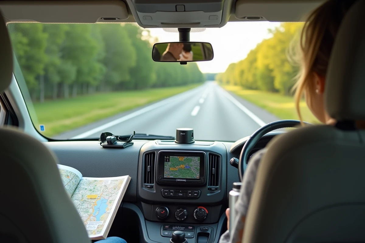 Tableau de bord de camping-car avec GPS affichant les étapes en Allemagne et guide de voyage ouvert
