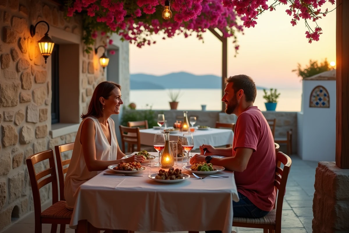 Couple dînant en terrasse dans une taverne traditionnelle de Folégandros avec des mezzes locaux et une vue sur la mer Égée