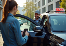 Chauffeur de taxi G7 ouvrant la porte à un client souriant