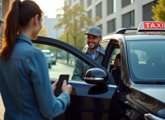 Chauffeur de taxi G7 ouvrant la porte à un client souriant