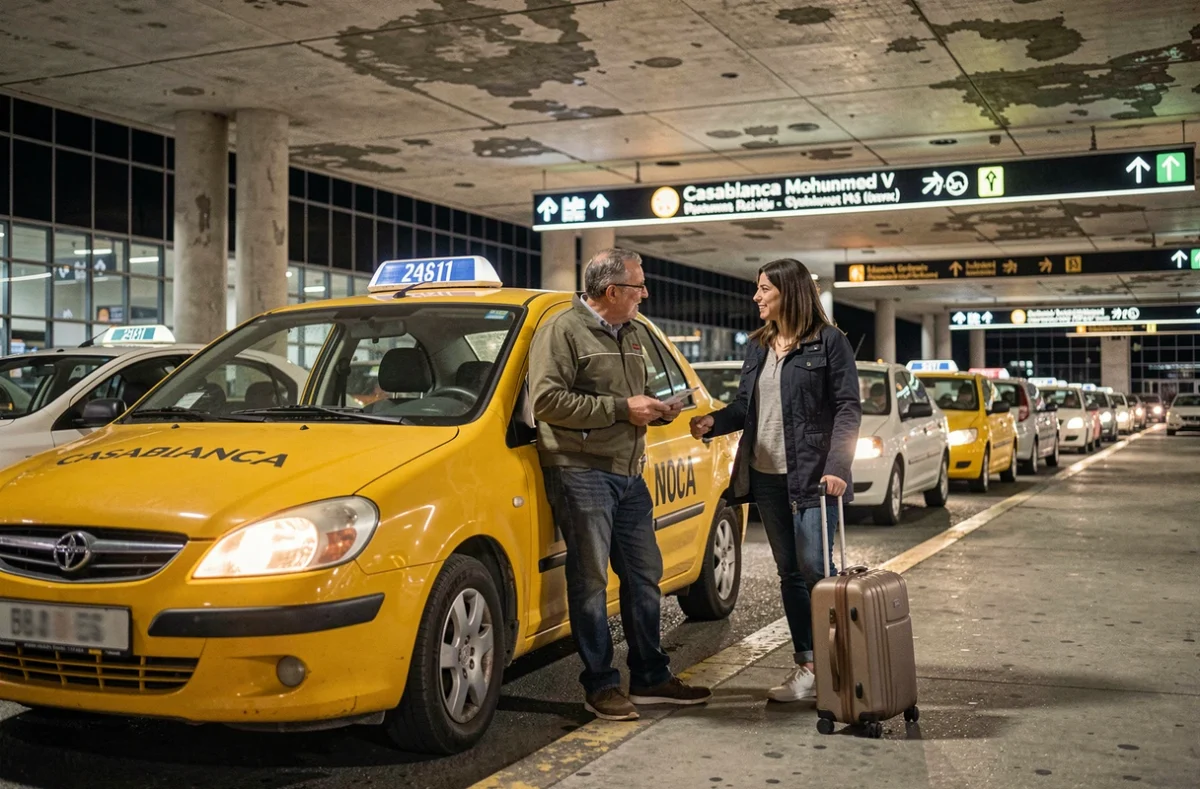 Taxi officiel stationné devant l'aéroport de Casablanca la nuit avec un chauffeur et une voyageuse