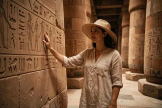 Touriste explorant l'intérieur frais d'un temple égyptien antique en août, se protégeant de la chaleur extrême