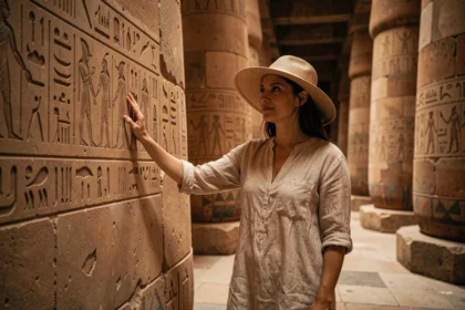 Touriste explorant l'intérieur frais d'un temple égyptien antique en août, se protégeant de la chaleur extrême