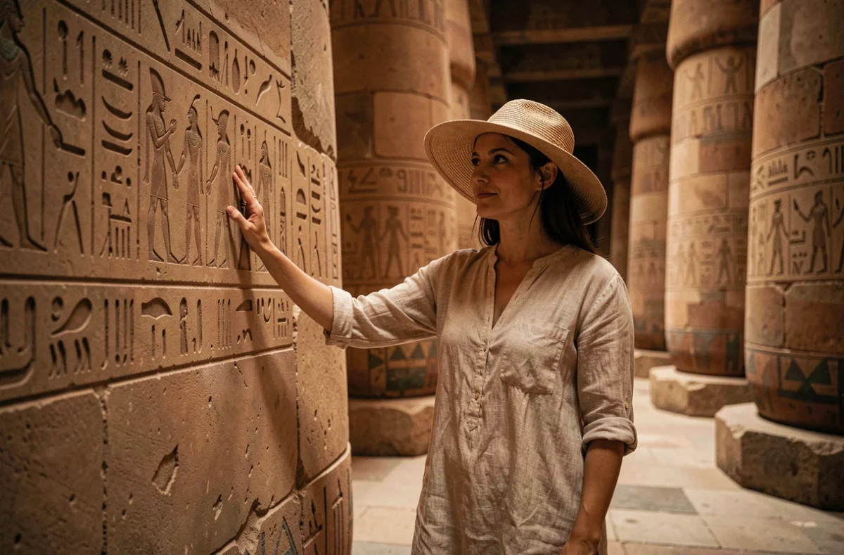 Touriste explorant l'intérieur frais d'un temple égyptien antique en août, se protégeant de la chaleur extrême