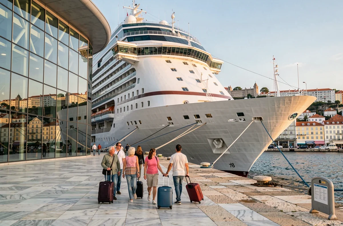 Terminal de croisière de Lisbonne avec un paquebot amarré et des voyageurs embarquant sur le quai