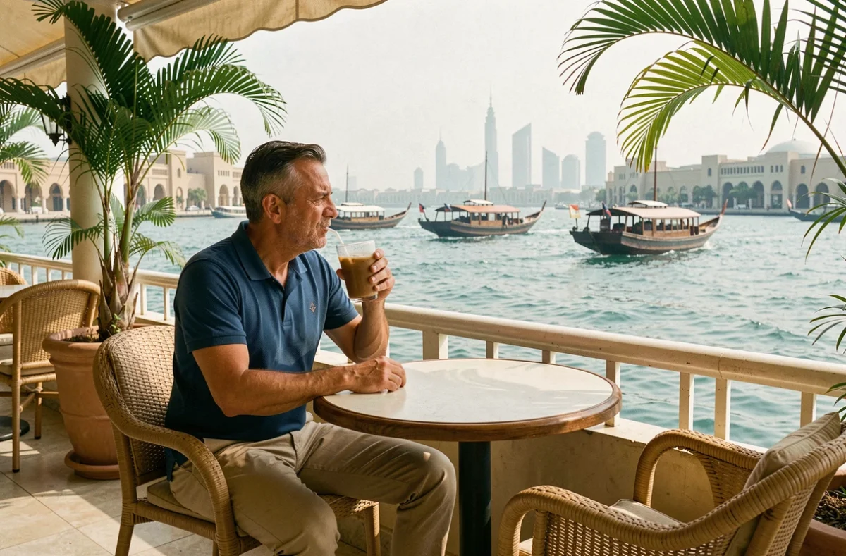 Homme en terrasse de café au bord du Dubai Creek à Deira, bateaux abra traditionnels et skyline en arrière-plan, été à Dubaï