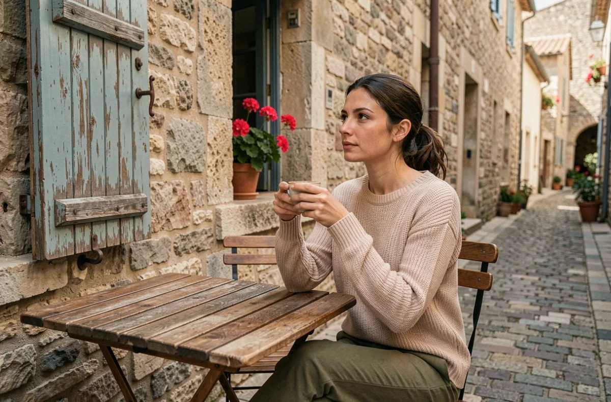 Femme savourant un café en terrasse dans un village médiéval du Luberon, Vaucluse