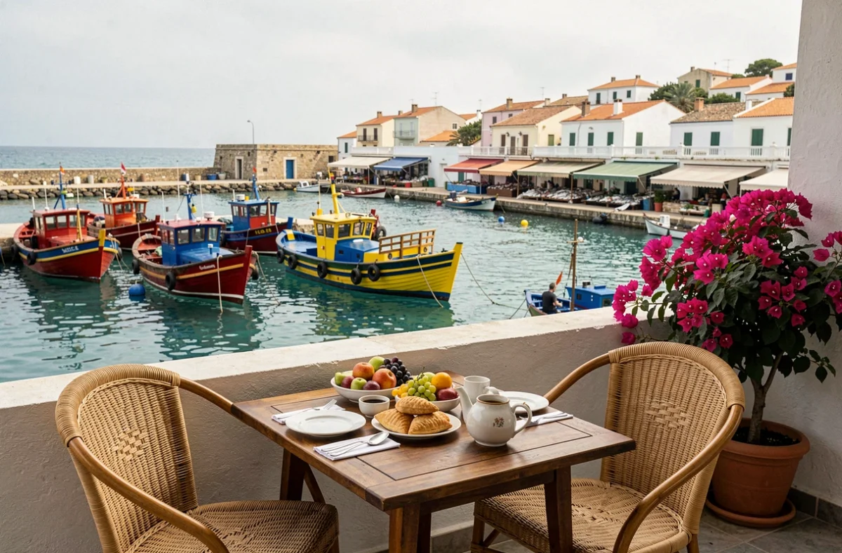 Terrasse de petit hôtel avec vue sur le port de Marsaxlokk et ses bateaux luzzu colorés pour un séjour calme dans le sud de Malte
