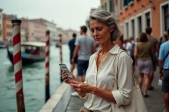Touriste consultant son ticket de vaporetto sur un quai animé de Venise au bord du Grand Canal