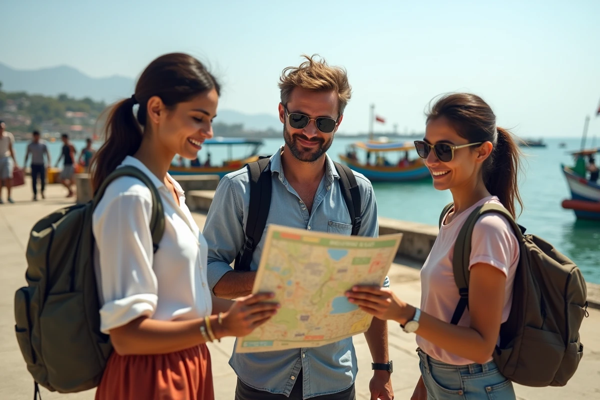 Groupe de touristes consultant un guide de sécurité au port de Zanzibar avant d'explorer l'île