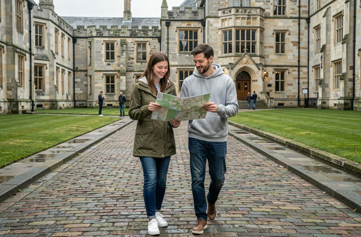 Deux touristes consultant une carte papier en se promenant dans les allées historiques du Trinity College de Dublin
