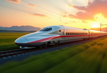Train Shinkansen rapide au lever du soleil dans la campagne