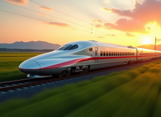 Train Shinkansen rapide au lever du soleil dans la campagne