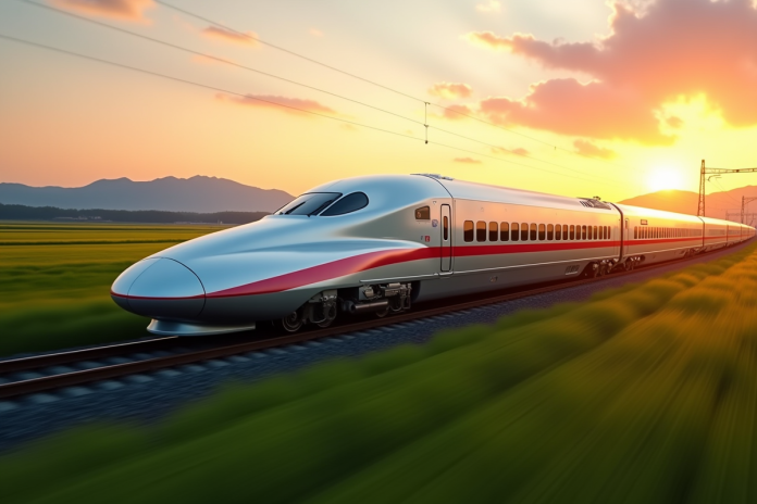 Train Shinkansen rapide au lever du soleil dans la campagne