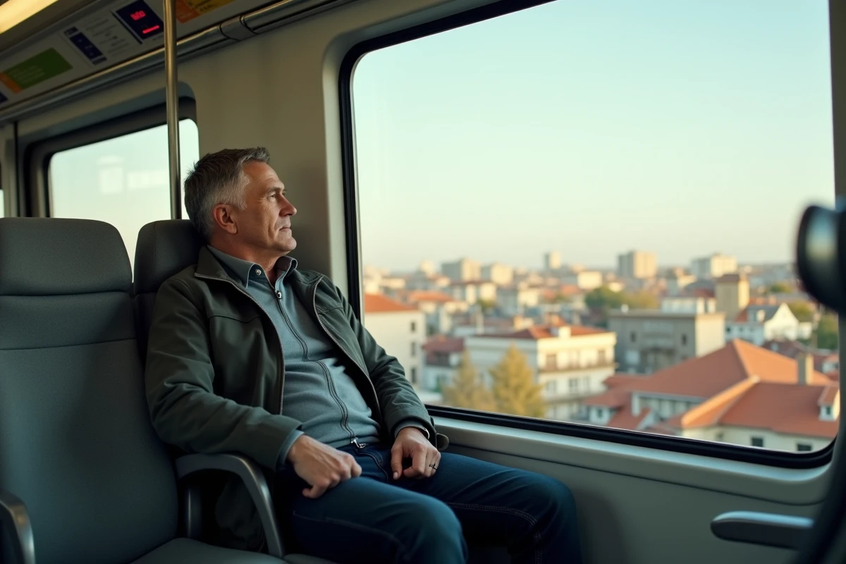 Passager dans un train express reliant l'aéroport de Madrid au centre-ville, illustration des transports en commun durables