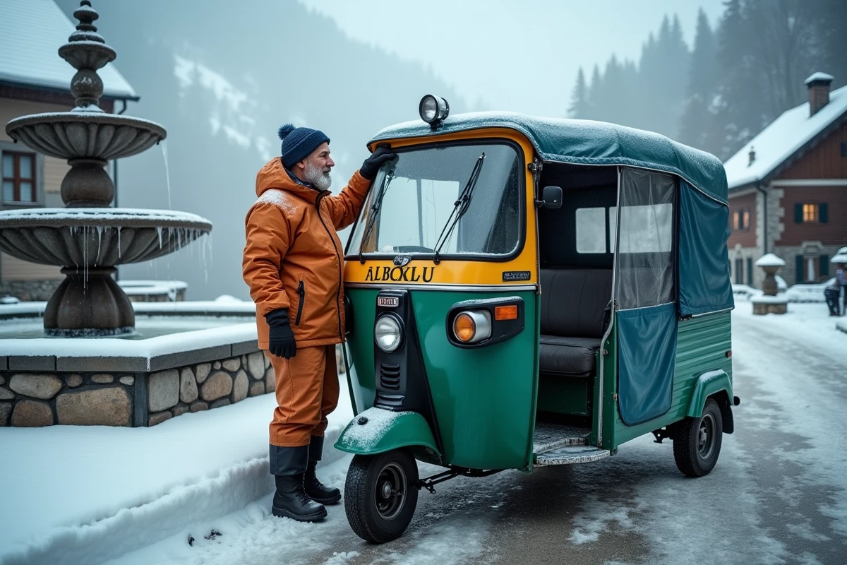 Conducteur de tuk tuk installant une protection contre le froid dans un village alpin enneigé
