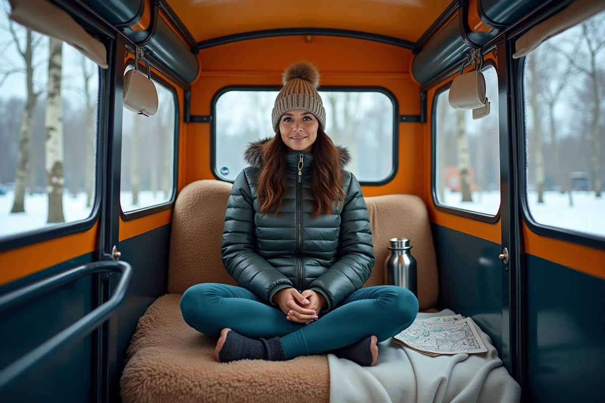 Femme confortablement installée dans un tuk tuk avec une couverture en polaire et un thermos par temps hivernal