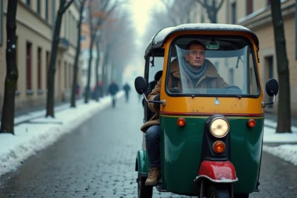 Passager bien habillé dans un tuk tuk traversant une rue pavée enneigée en hiver