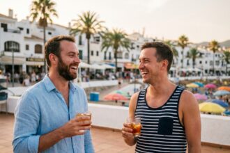 Deux hommes riant ensemble en terrasse d'un café en bord de mer méditerranéen lors de vacances gay-friendly à Sitges ou Ibiza