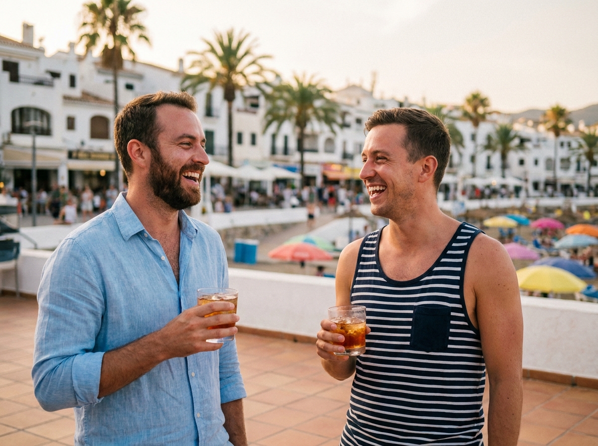 Deux hommes riant ensemble en terrasse d'un café en bord de mer méditerranéen lors de vacances gay-friendly à Sitges ou Ibiza