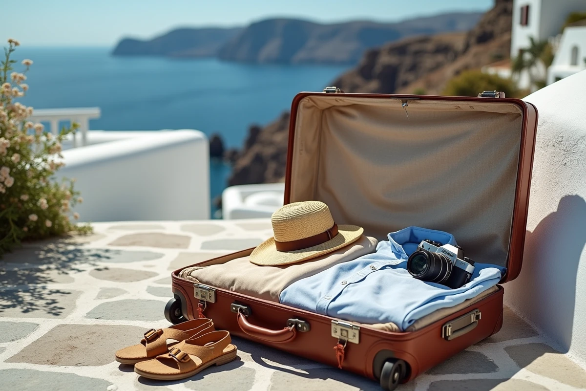 Valise ouverte avec accessoires pour vacances en Grèce sur terrasse