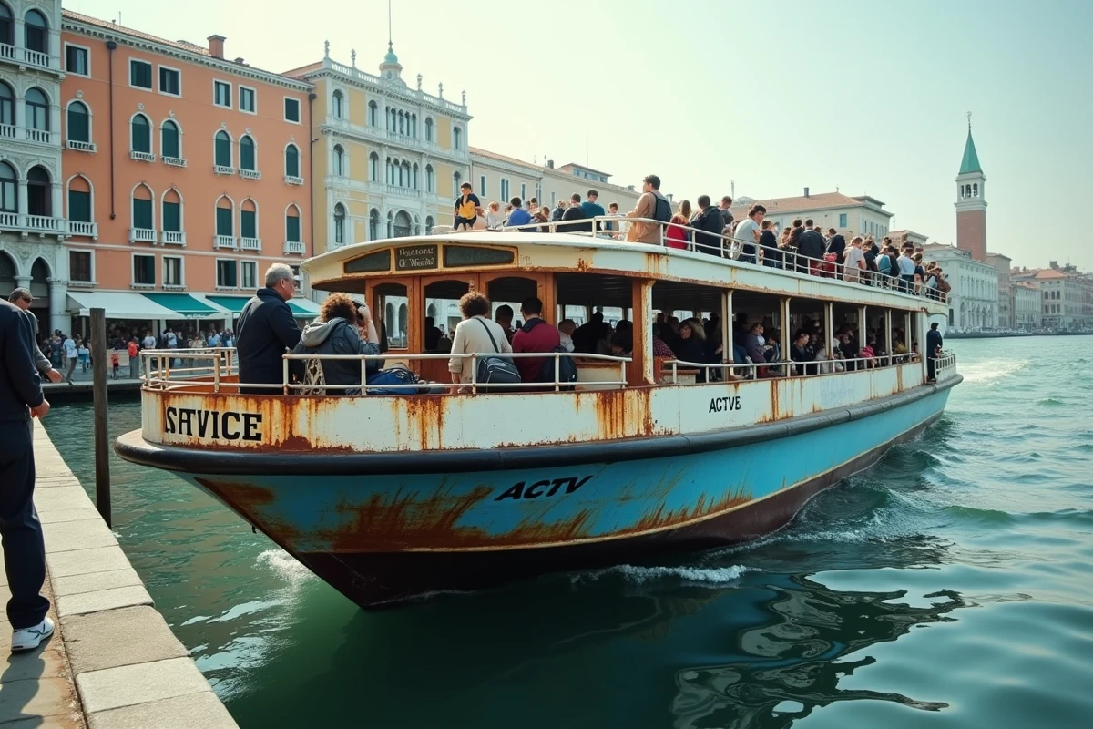 Vaporetto bondé de touristes naviguant sur le Grand Canal de Venise devant des palais historiques