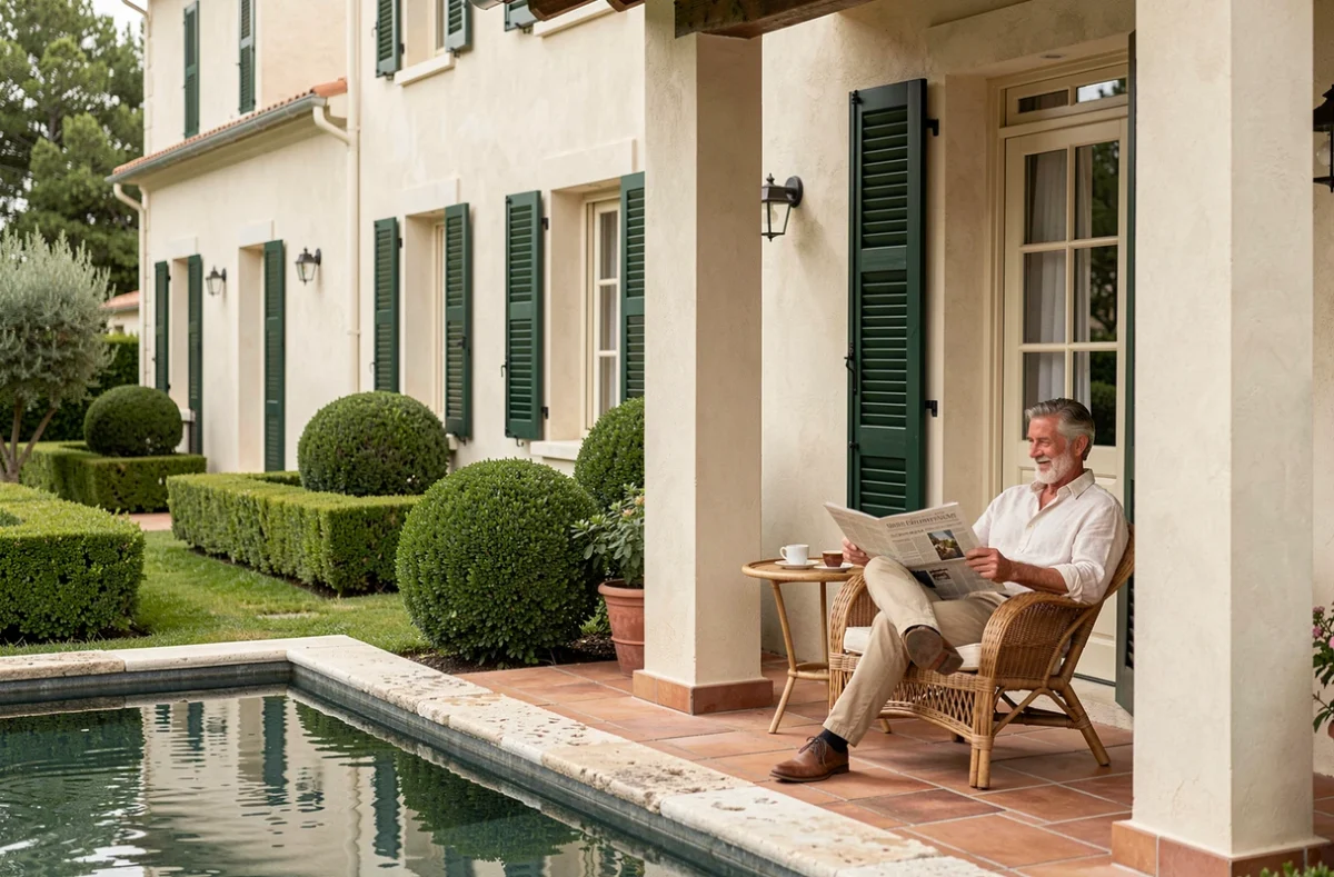 Villa élégante de La Villa Topi à Mougins avec loggia ombragée, jardin soigné et petit bassin réfléchissant