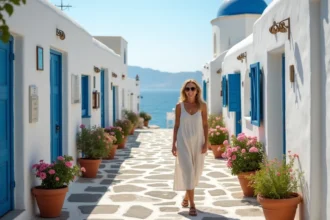 Ruelles blanchies de Chora sur l'île de Folégandros avec une femme se promenant parmi les maisons cycladiques et les pots de géraniums colorés