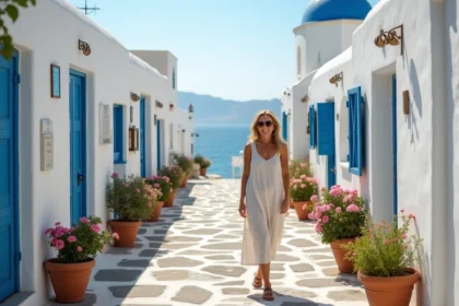 Ruelles blanchies de Chora sur l'île de Folégandros avec une femme se promenant parmi les maisons cycladiques et les pots de géraniums colorés