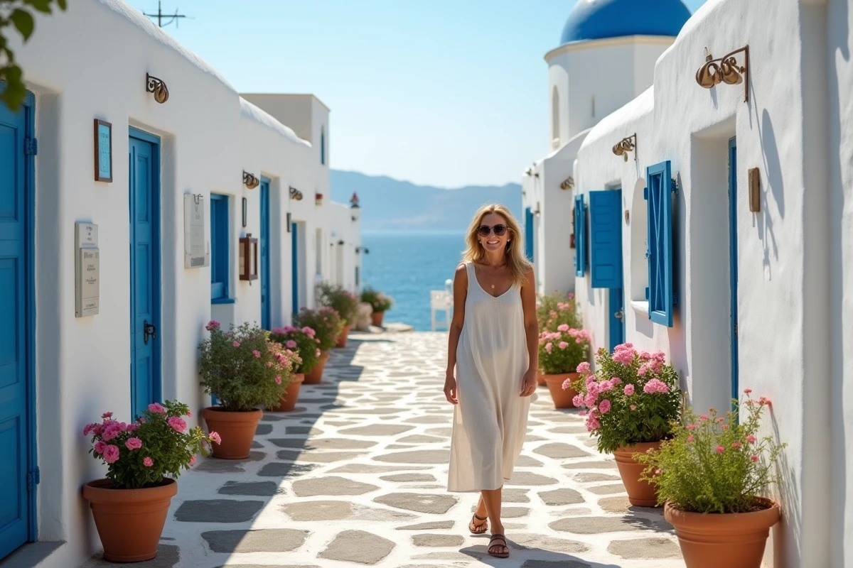 Ruelles blanchies de Chora sur l'île de Folégandros avec une femme se promenant parmi les maisons cycladiques et les pots de géraniums colorés
