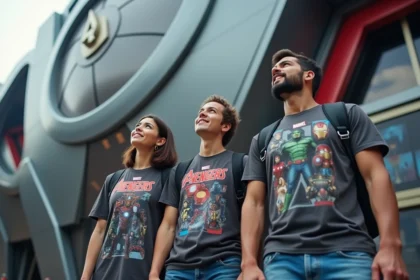 Groupe de visiteurs émerveillés devant les structures futuristes de l'Avengers Campus au Parc Walt Disney Studios
