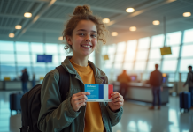 Jeune voyageur à l'aéroport avec passeport et valise