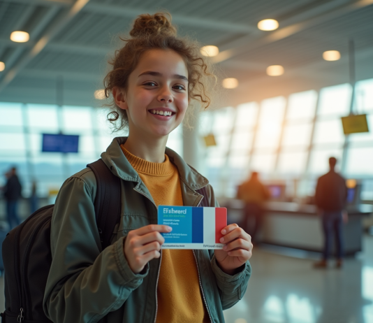Jeune voyageur à l'aéroport avec passeport et valise