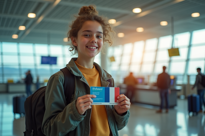 Jeune voyageur à l'aéroport avec passeport et valise