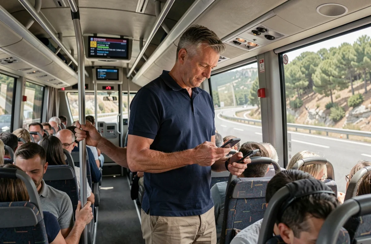 Voyageur debout dans un bus entre Marseille et Aix-en-Provence consultant son téléphone pour optimiser son trajet