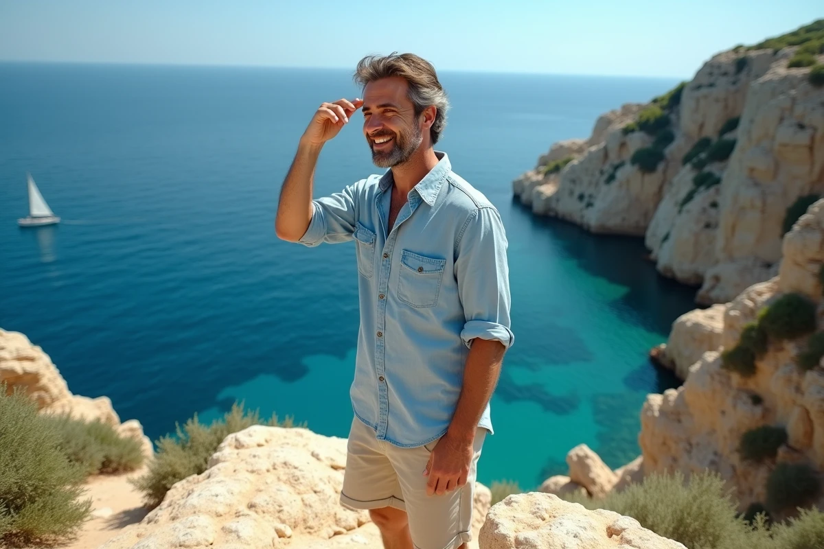 Voyageur contemplant la mer Adriatique depuis les falaises de Polignano a Mare dans les Pouilles