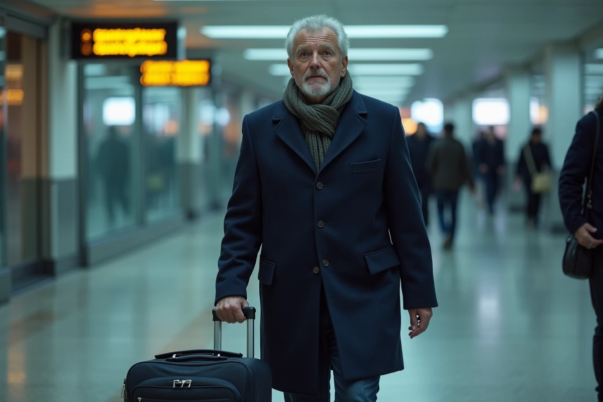 Homme d'âge moyen fatigué à Gatwick la nuit