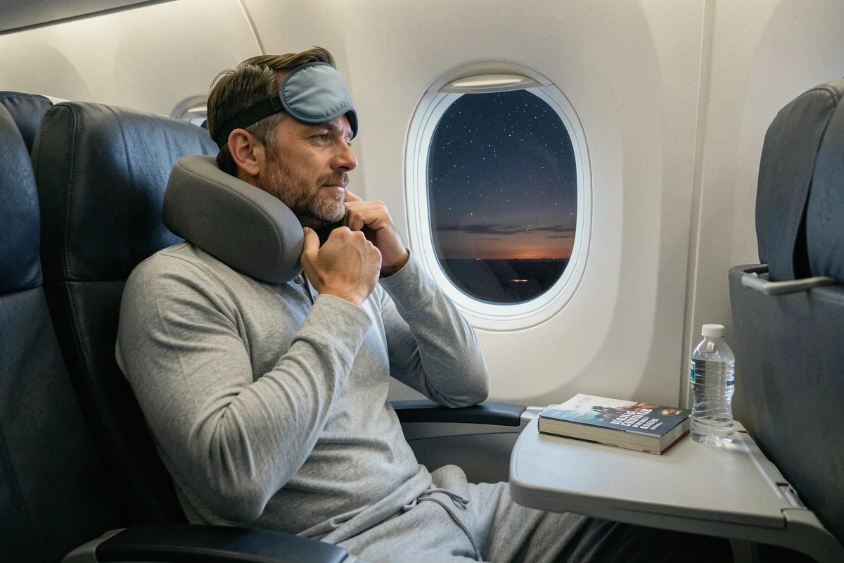 Voyageur en siège hublot ajustant son oreiller de voyage lors d'un vol de nuit, astuces pour dormir en avion