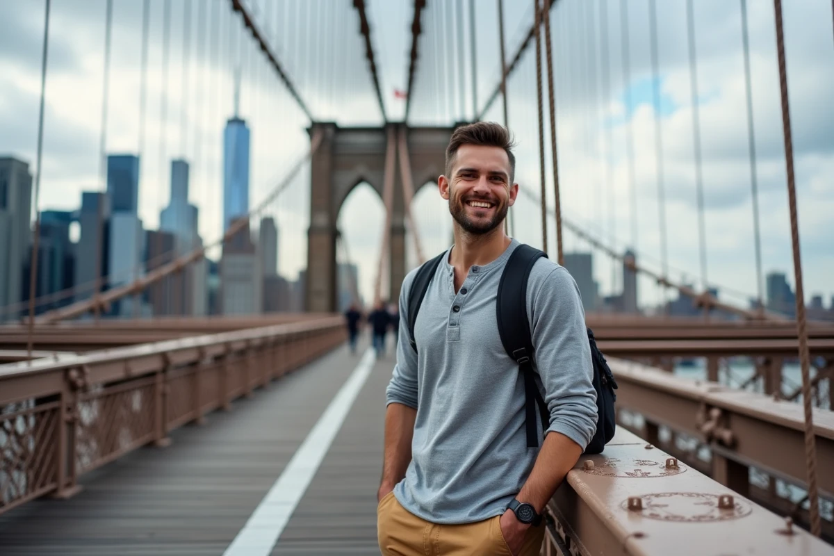 Voyageur souriant appuyé sur le pont de Brooklyn après un road trip depuis Montréal avec Manhattan en arrière-plan