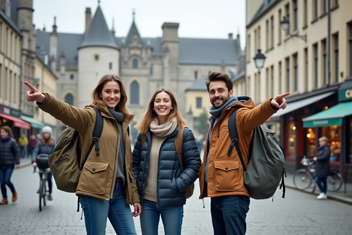 Groupe de voyageurs devant le château des Comtes de Gand planifiant leur itinéraire à pied depuis la gare
