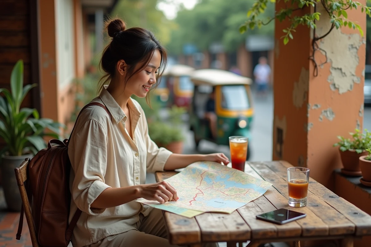 Voyageuse consultant une carte routière en Thaïlande dans un café de Chiang Mai pour planifier un road trip