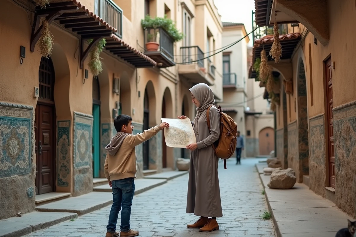 Voyageuse explorant une ruelle historique pavée de Hamadan avec l'aide d'un habitant local, Iran