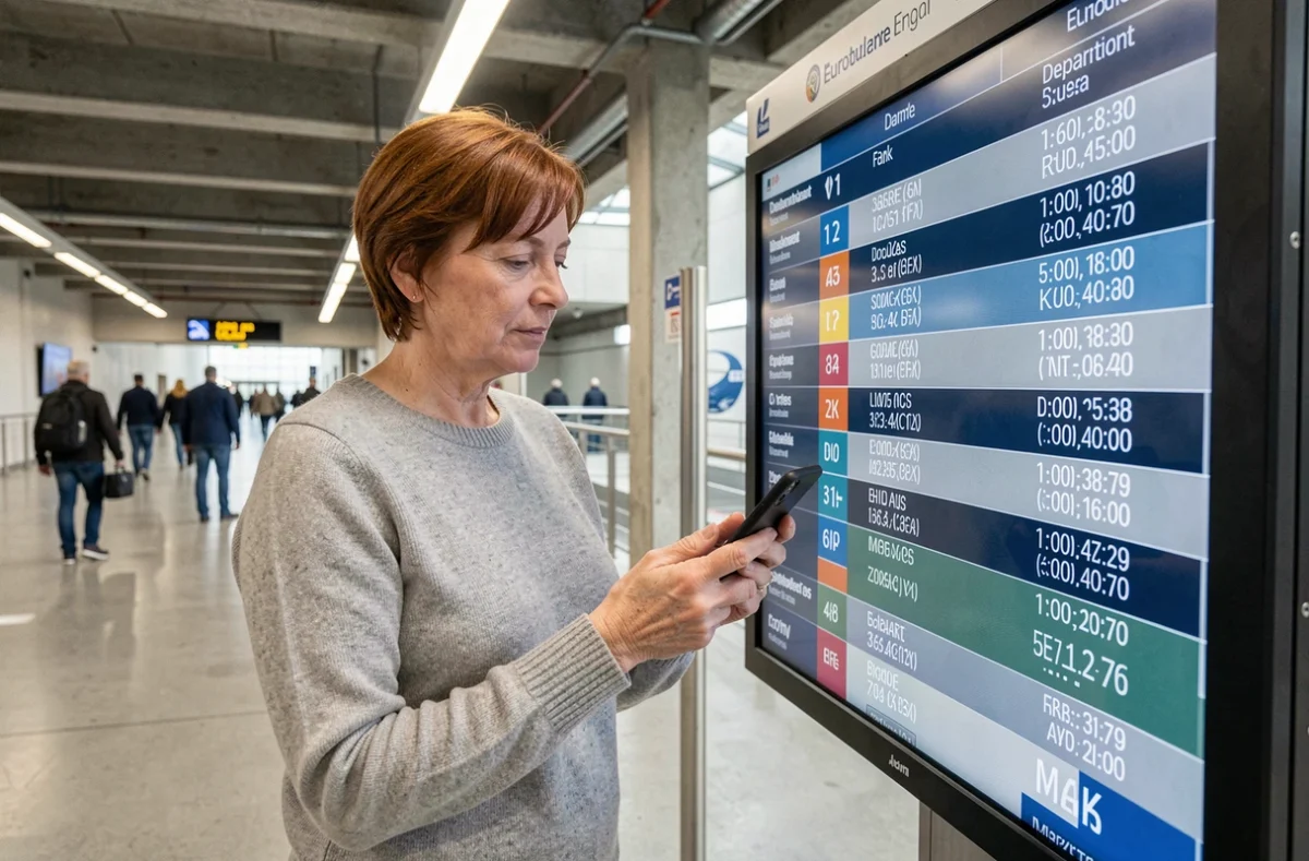 Voyageuse comparant les tarifs affichés sur un panneau numérique dans le terminal passagers du tunnel sous la Manche