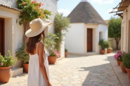 Voyageuse en robe blanche devant une maison trulli dans un village des Pouilles en été