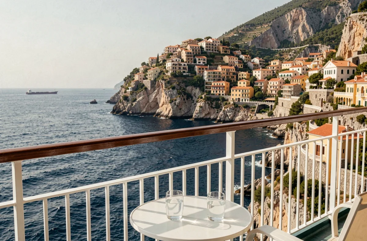Vue depuis le balcon d'un bateau Royal Caribbean sur une côte méditerranéenne avec ville pittoresque en arrière-plan
